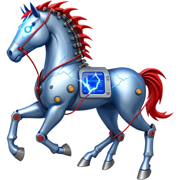 fast electric horse made of electricity, metal plates, bolts, visible blue and red wires, lightning surrounding it emoji