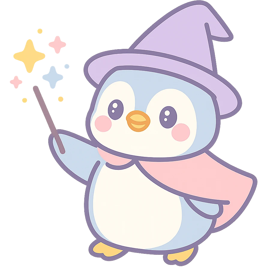 penguin wizard casting a spell with sparkles, whimsical fantasy style emoji