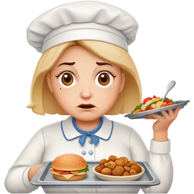 lunch lady with a tray of unappetizing food, exaggerated disgusted face emoji