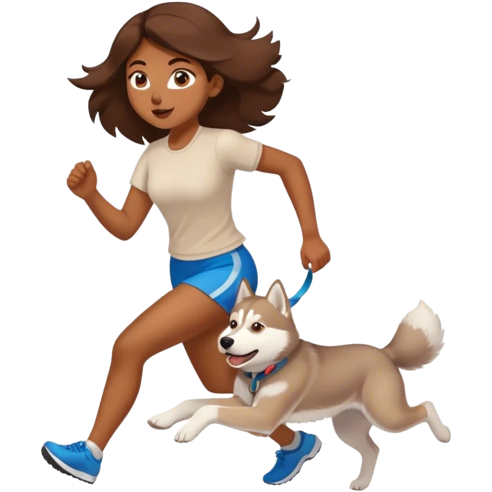 Fille, brune qui court avec son HUSKY beige clair emoji