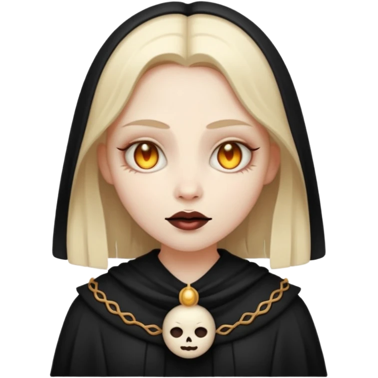 Stylized cult cartoon girl emoji, eerie-cute aesthetic, symmetrical design, subtle spooky vibe, glowing eyes, chanting “AMILK”, bold graphic icon emoji