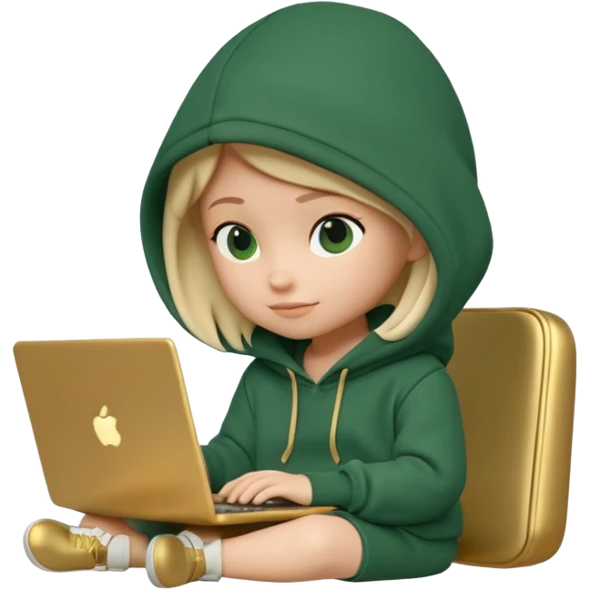3D clay render character sitting with laptop, rounded cute design, deep green (#0B3D2C) hoodie, cream laptop, gold accents, Pixar style, transparent background emoji
