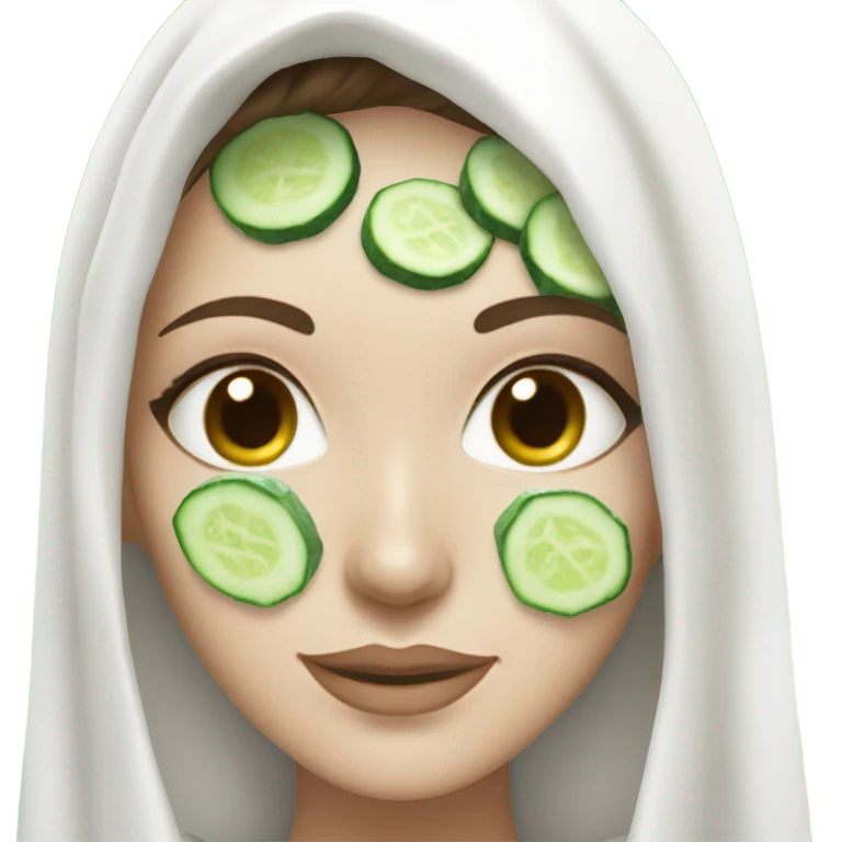 White girl with Brown hair and blue eyes wears a Green clay colored skincare textured mask and puts on cucumbers around her eyes while She relaxes in her white Robe emoji