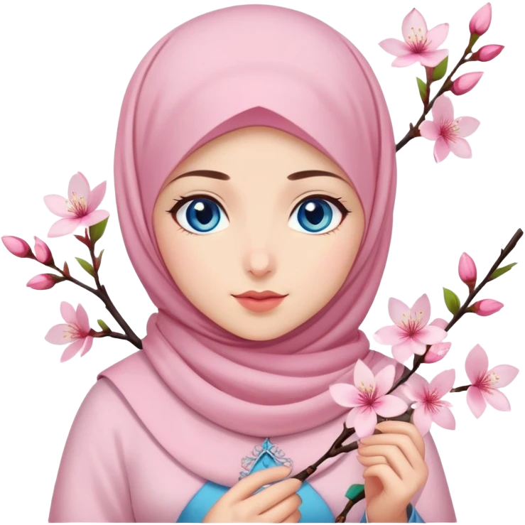 Turkish beautiful finish Konya girl blue eyes with light pink hijab islamic dress and had on her hand cherry blossom emoji