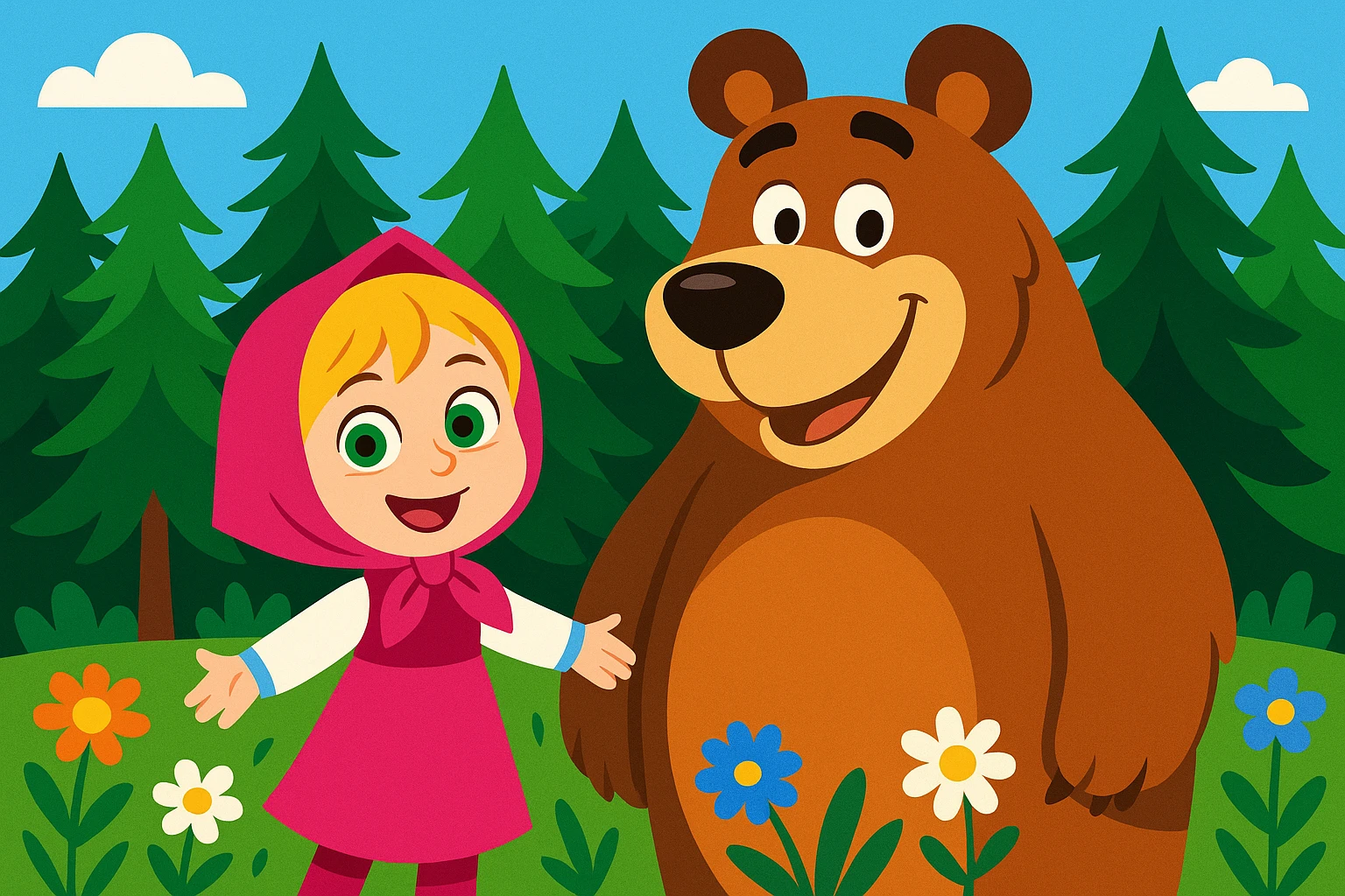 charming cartoon: little girl with green eyes, blonde hair, pink dress and headscarf, smiling next to a big brown bear in a lush pine forest with flowers, clean and bright background emoji