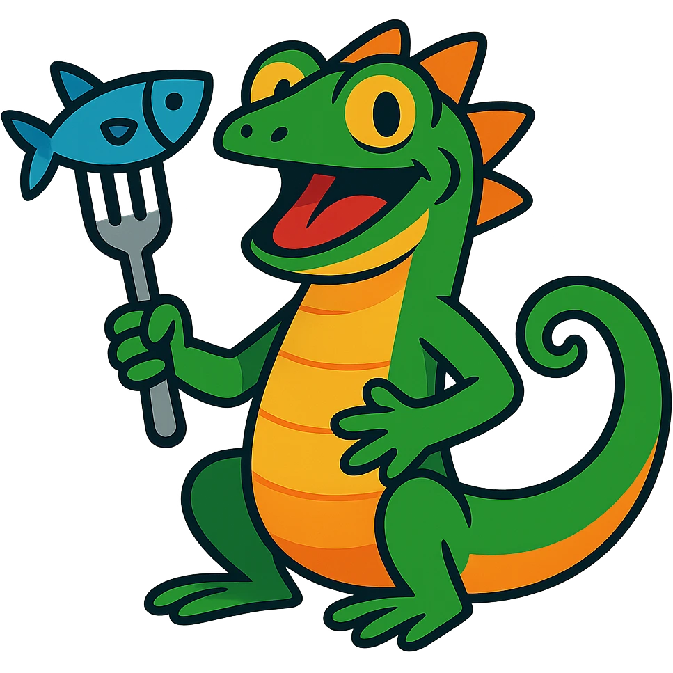 fun and expressive lizard holding a fork and a fish, vibrant colors, playful character emoji