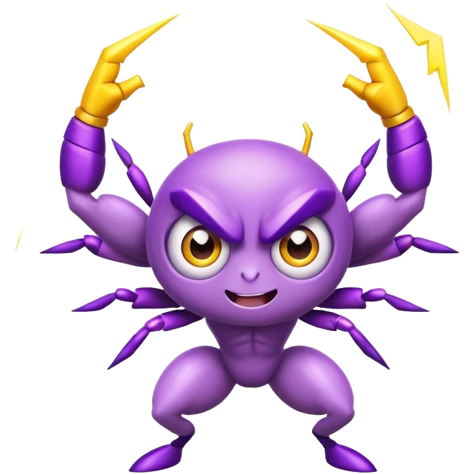 cute purple bug with big expressive eyes, strong muscular arms, a fun happy expression, and electric lightning bolt arms emoji