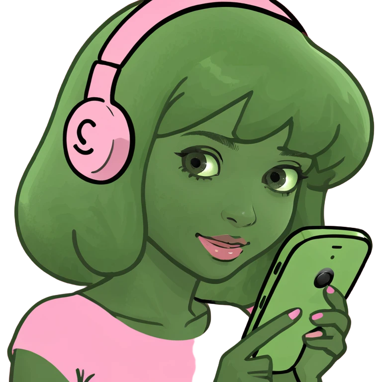 girl scrolling on pink SPAM phone emoji