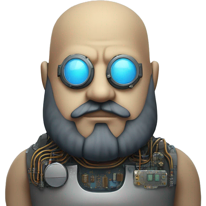 Bearded Fat bald cyborg head with tan skin, blue steampunk goggles and circuits emoji