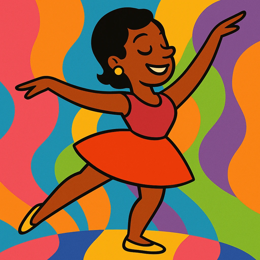 Add a vibrant, colorful background behind Dana Dawson in a dance pose, keep the original vibrant toon style emoji