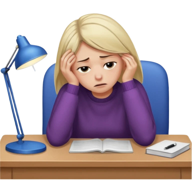 A woman wearing a jumper experiencing burnout, exhausted and overwhelmed, tired eyes, slumped posture, sitting at a desk, iOS emoji style emoji