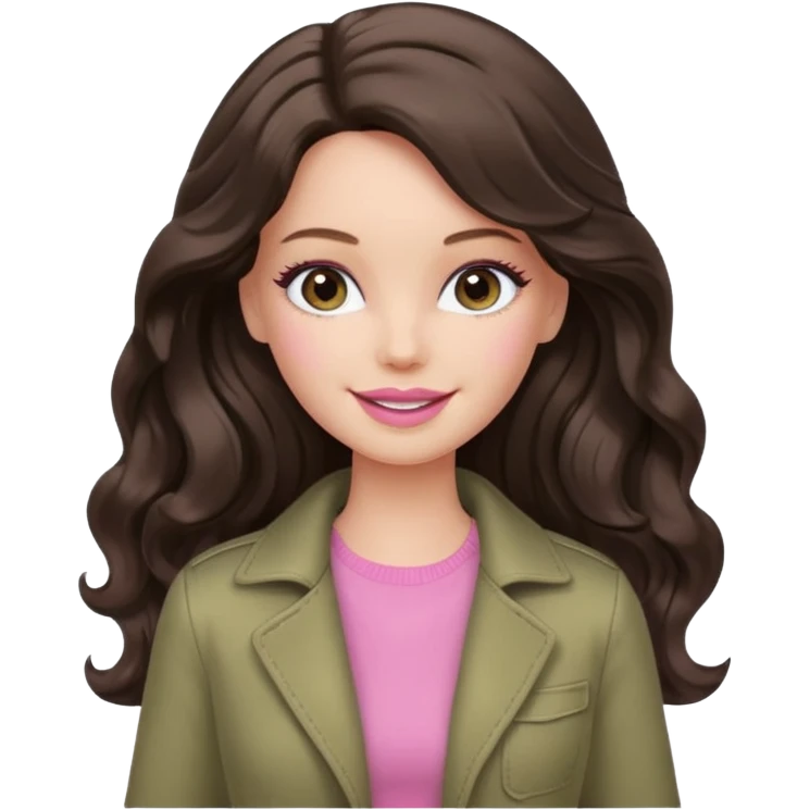 A white Barbie girl with long dark brown wavy hair in pale olive clothes pink and smail emoji