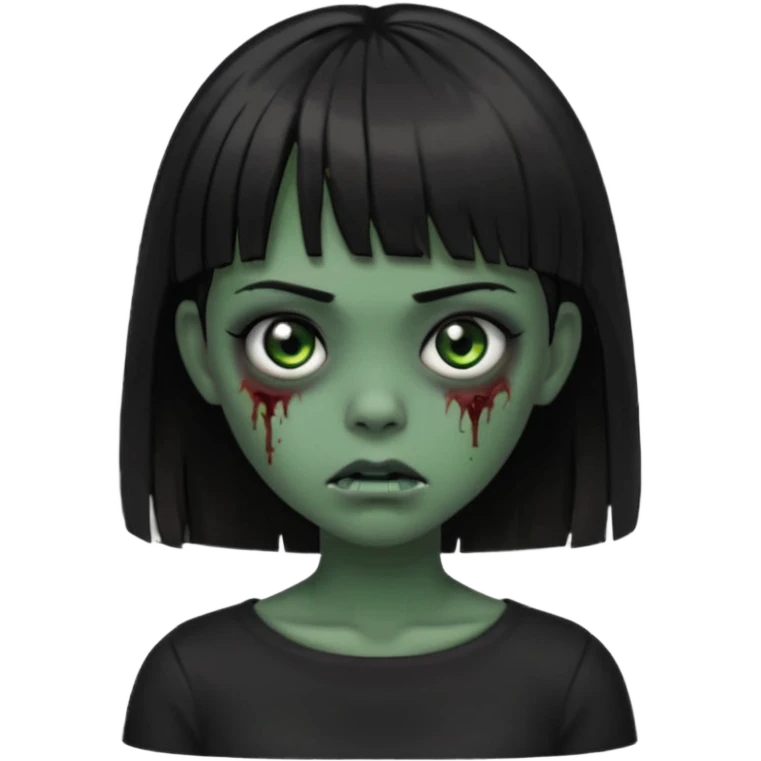 Zombie girl emoji verde escuro com cabelo curto liso preto no ombro e franja na altura da sobrancelha cobrindo completamente a testa, usando uma blusa preta, com olhos pretos  emoji