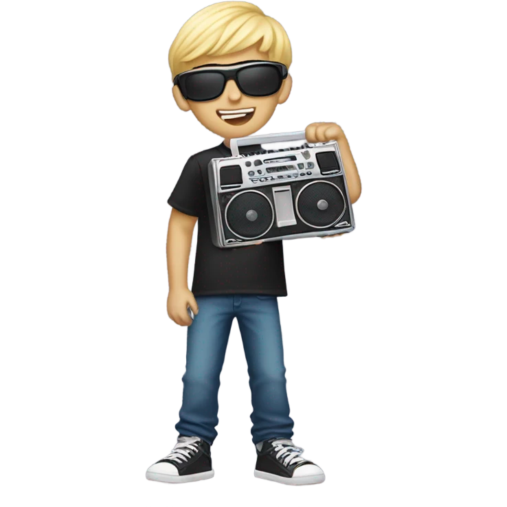 blonde boy in stylish jewelry with a boombox emoji