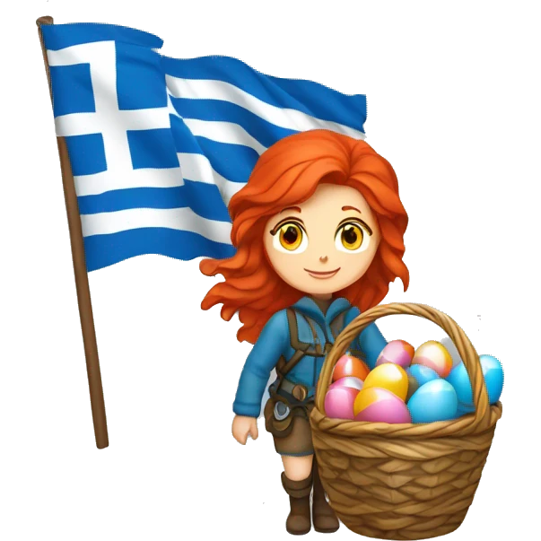 Female winter mountaineer red hair white skin climbing with Greek Flag and Easter eggs basket emoji