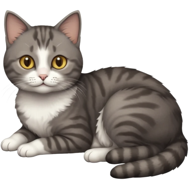 full body tiny short hair dark grey and 3/4 white cat with hazel eyes lying down emoji
