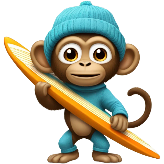 Monkey on a surfboard with a bazooka wearing a beanie emoji