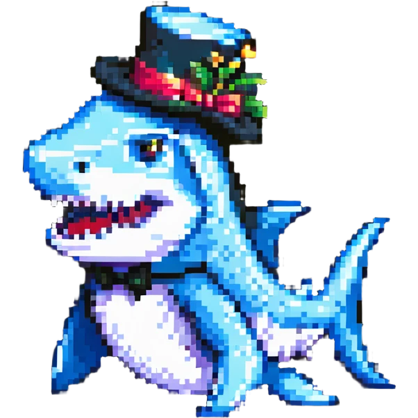 pixel art shark with a fancy tophat, simple background emoji