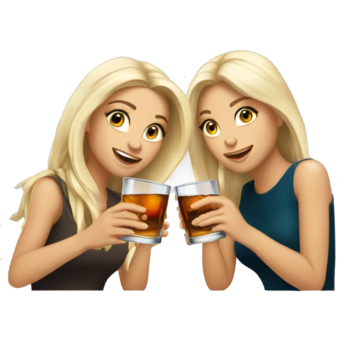 Two brunette girls and one blonde girl are drinking whiskey from an ice glass emoji