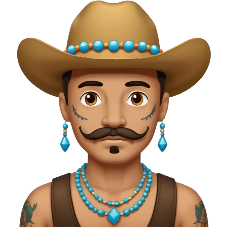 mustached cowboys with tattoos on face and bead emoji
