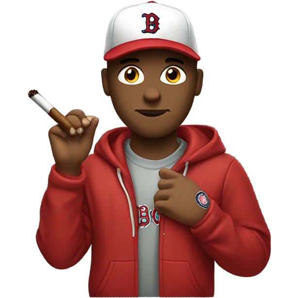 White Man wearing a red hoodie and a red Sox hat, smoking a cigar emoji