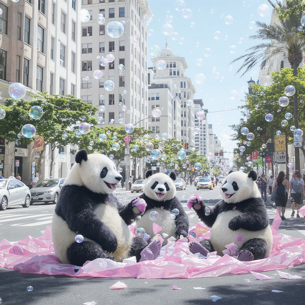 pandas bears sitting in bubbles flying around San Francisco downtown, sunny summer day, happy vibe emoji