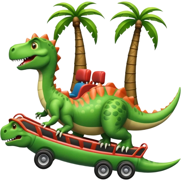 dinosaur waving from a roller coaster car, palm tree nearby, emoji style emoji