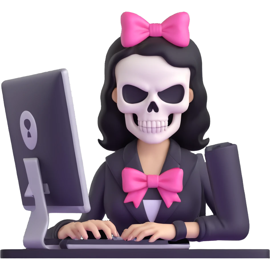 female Punisher skull character with pink bow working on computer emoji