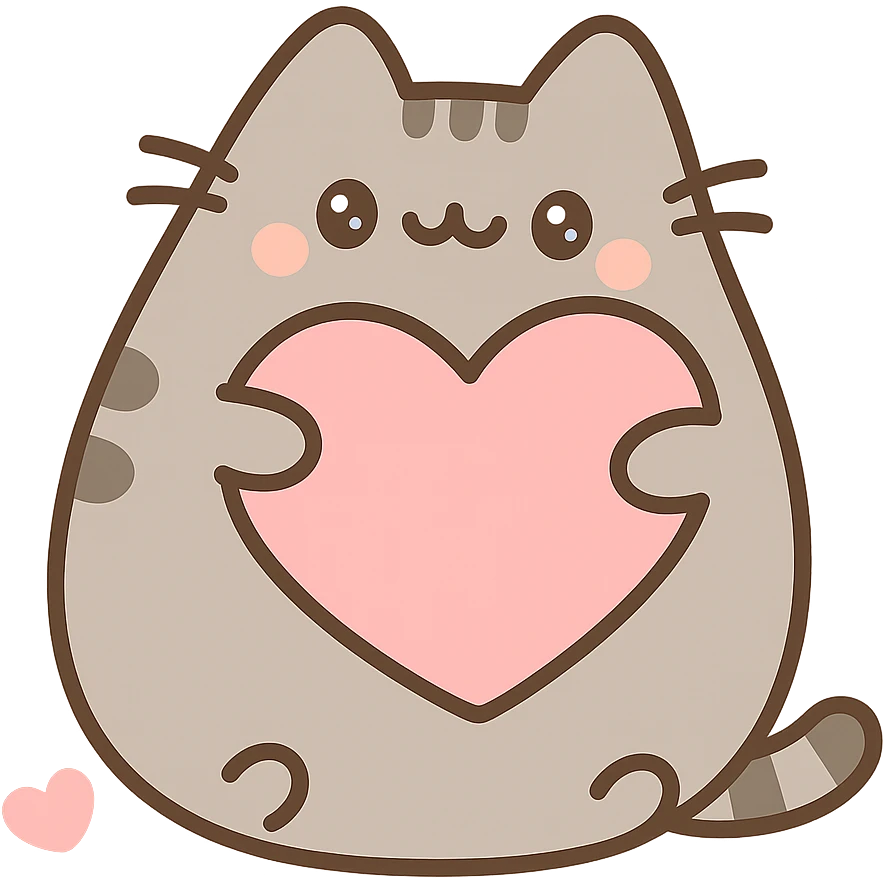Pusheen hugging a big heart, pastel colors, adorable emoji