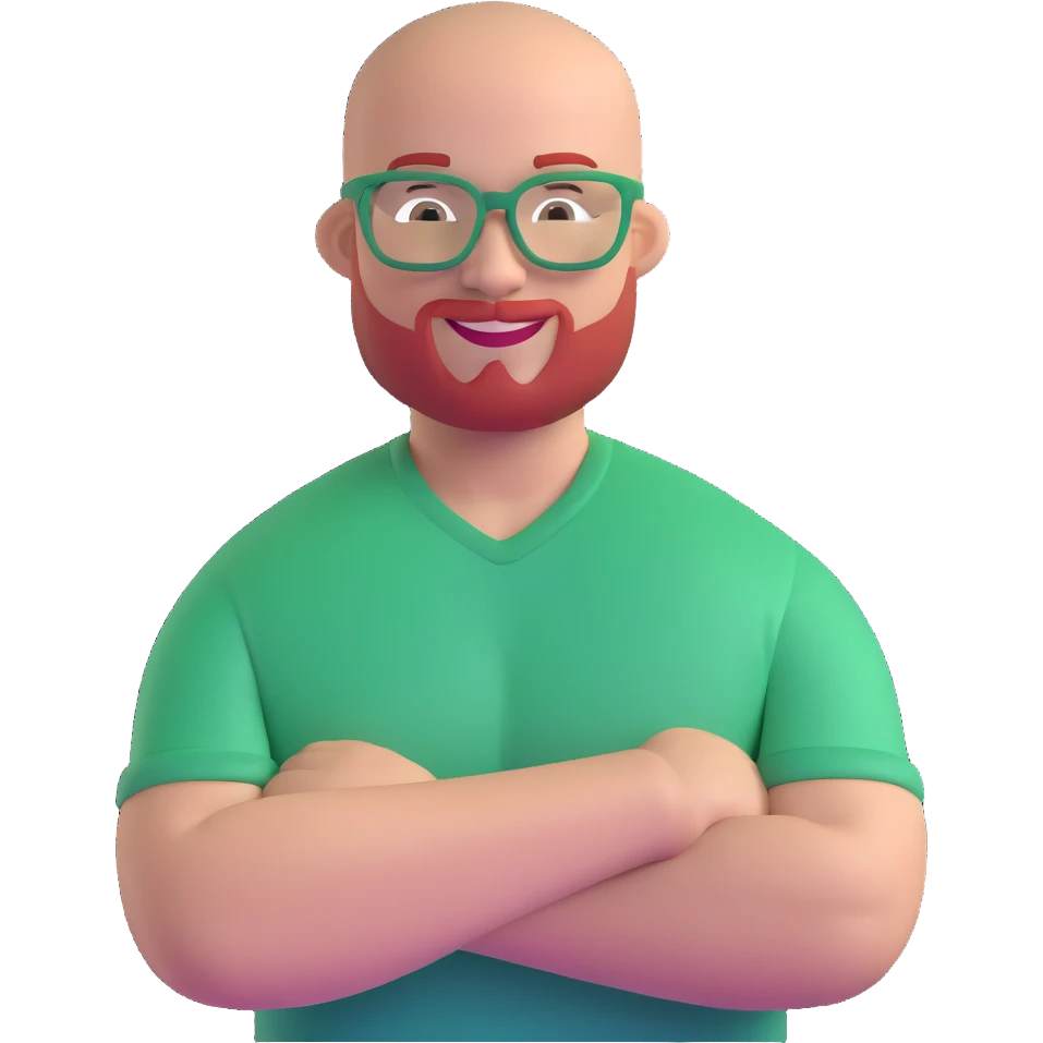 muscular bald man with red goatee and glasses, smiling, wearing a green shirt emoji