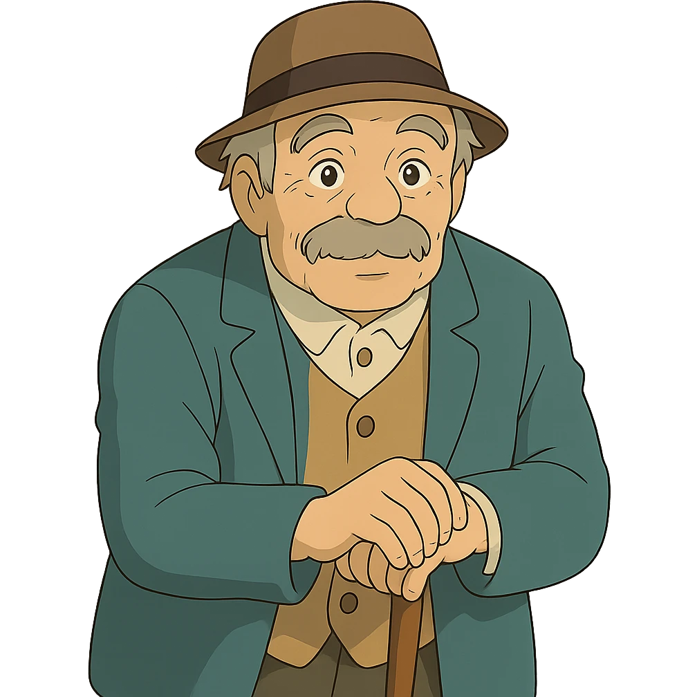 man with a cane, gentle expression, ghibli style emoji