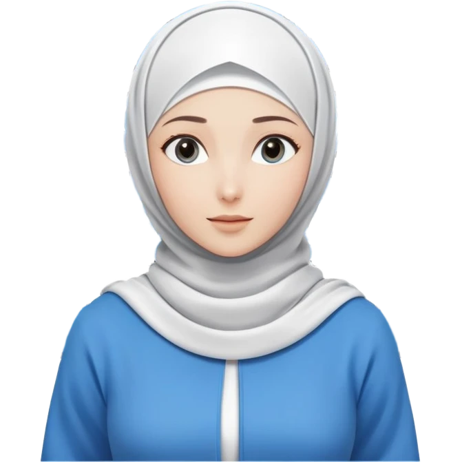 girl with white hijab wearing blue clothes, surrounded by multiple digital screens showing virtual world, metaverse elements, augmented reality displays emoji