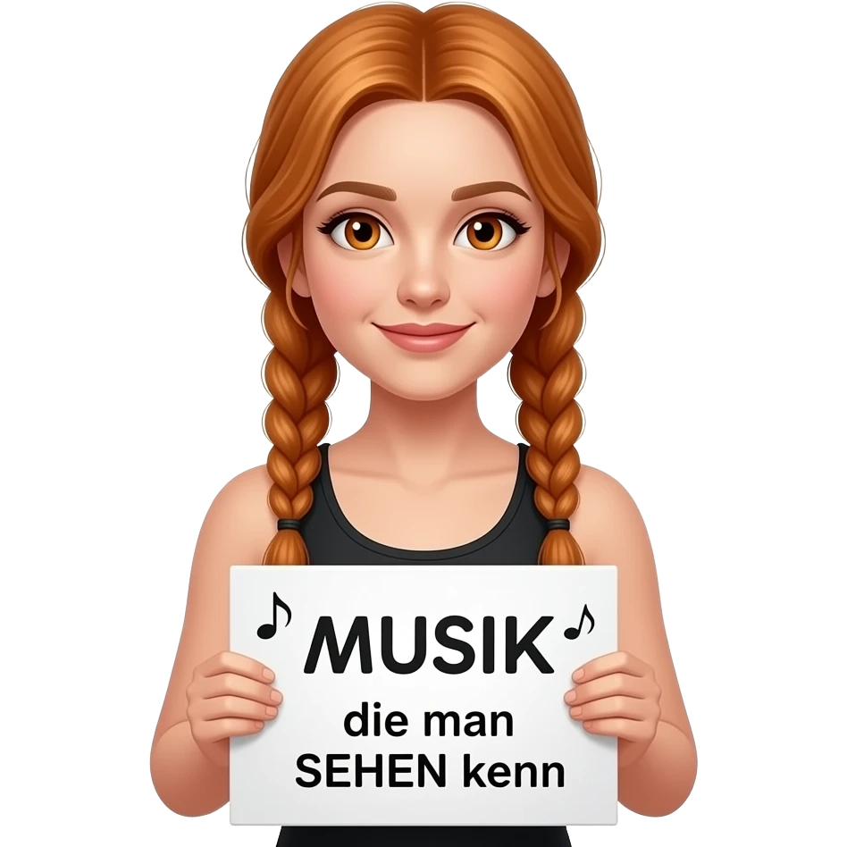 sexy girl with long ginger braids and ginger eyes wearing a black tanktop and is holding a white sign with 🎵MUSIK🎵 die man SEHEN kann written on it emoji