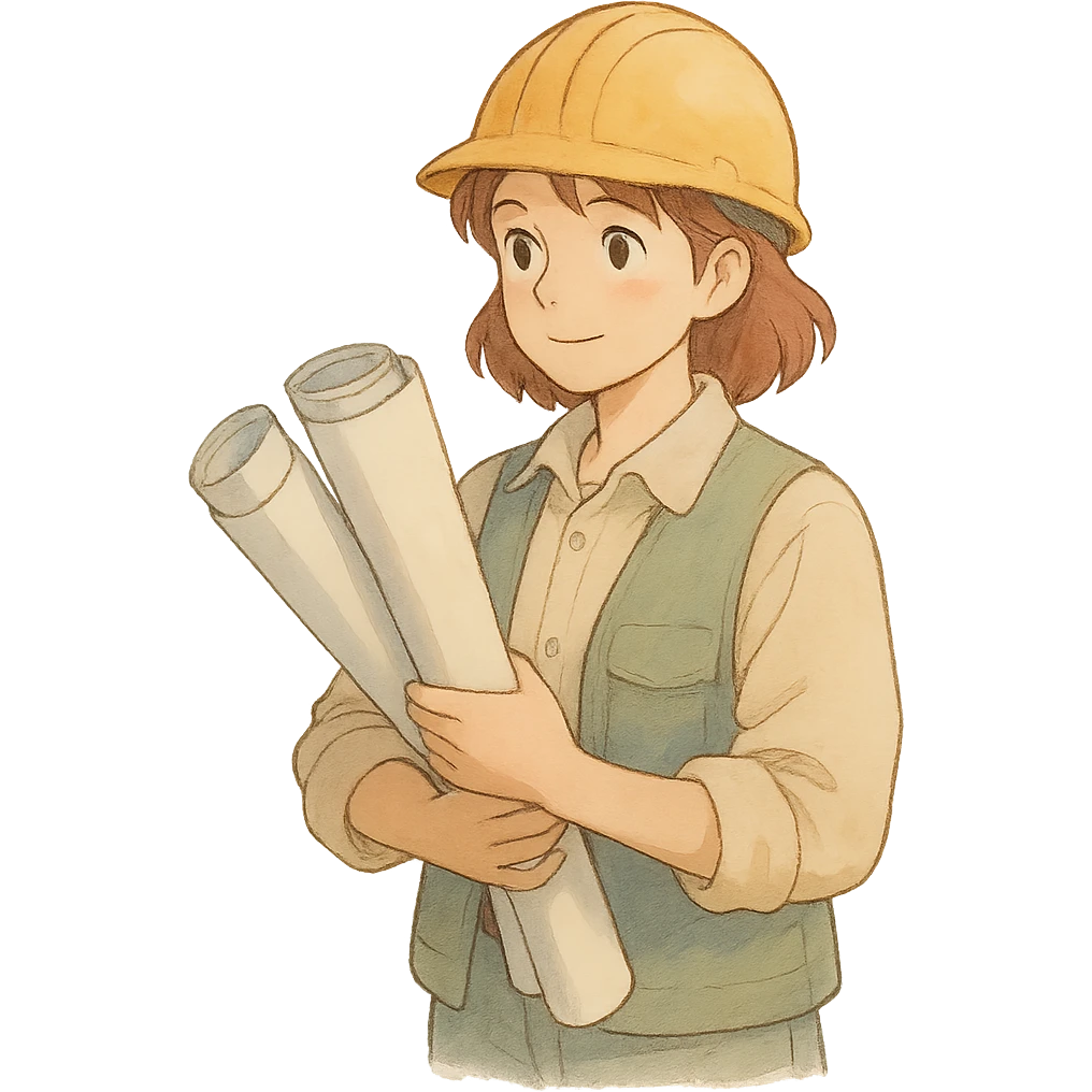 ghibli style woman construction worker holding blueprints, soft colors, no background emoji