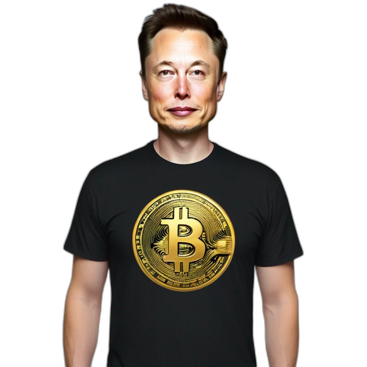 Elon musk holding bitcoin ,and wearing x(Twitter) t-shirt  emoji