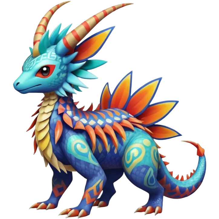 Colorful Exotic La Creatura Pokémon-Fakémon-hybrid-creature (full body) with tribal intricate splash-markings and patterns and furs and scales and spikes and fins and horns  emoji