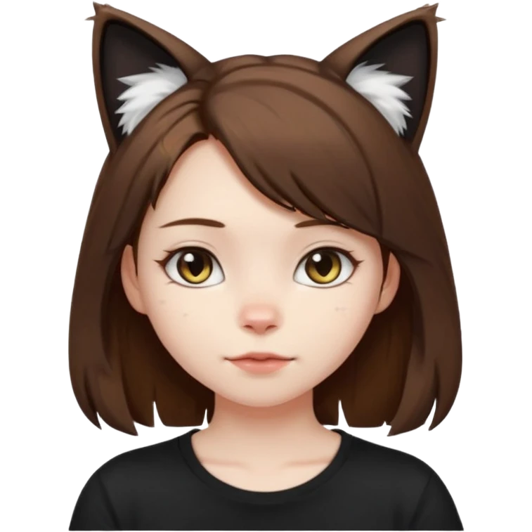 a girl with pale skin, shoulder lengh brown hair with lots of dandruff , cat ears and a tail, with a black t-shirt on emoji