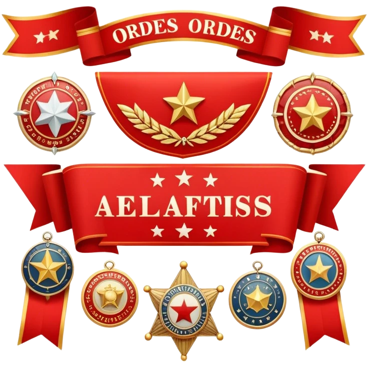 Icon for Collecting Orders, Medals & Badges: a variety of vintage orders and badges, displayed neatly on a big red pennant. The icon should reflect the honor and historical significance of these collectible items. Transparent background. emoji