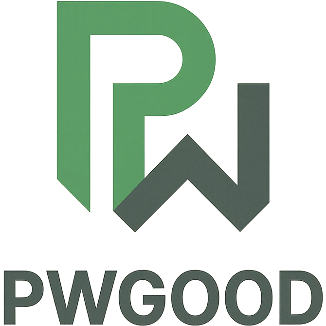 geometric logo for 'pwgood' with stylized 'pw' monogram, green and gray palette emoji
