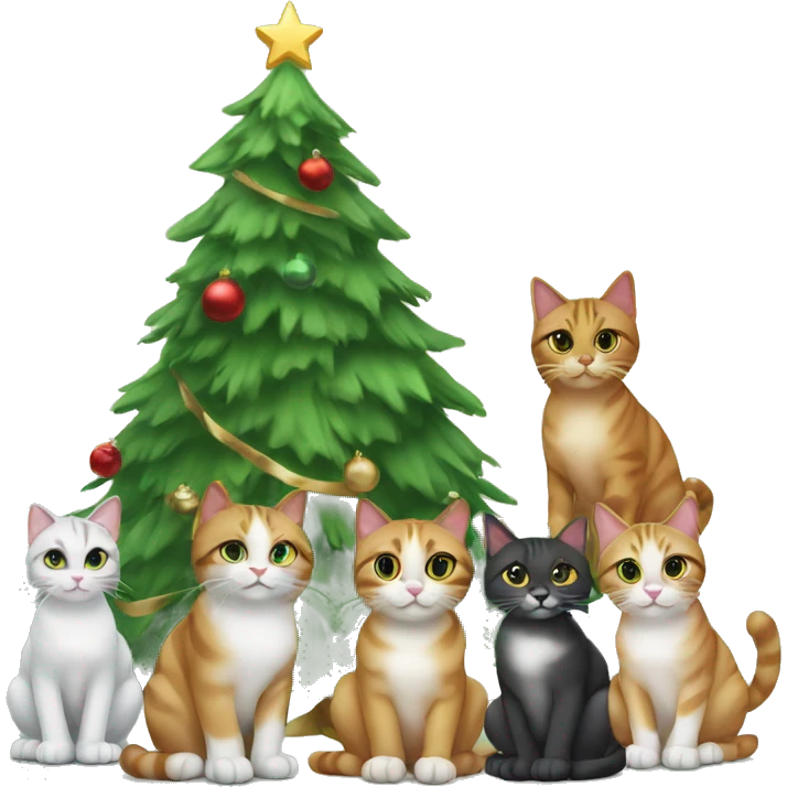 Four different cats sitting under a Christmas tree  emoji