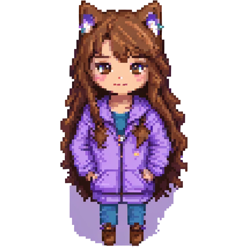 girl with long wavy brown hair and brown eyes wearing purple clothes with a three-color cat pixel art emoji