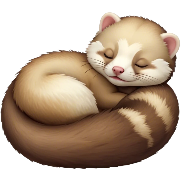 Meme-Worthy Cute Sleeping Ferret Portrait Emoji, Head resting peacefully with a contented smile, showcasing a long, flexible body curled up in cozy repose, luxuriously soft fur in warm brown and cream, and eyes gently closed in serene slumber, Simplified yet hilariously adorable features, highly detailed, glowing with a soft, drowsy natural light, high shine, relaxed and utterly lovable, stylized with an air of playful laziness, bright and heartwarming, soft glowing outline, capturing the essence of a sleeping ferret that feels destined to become the next viral sensation of adorable rest! emoji