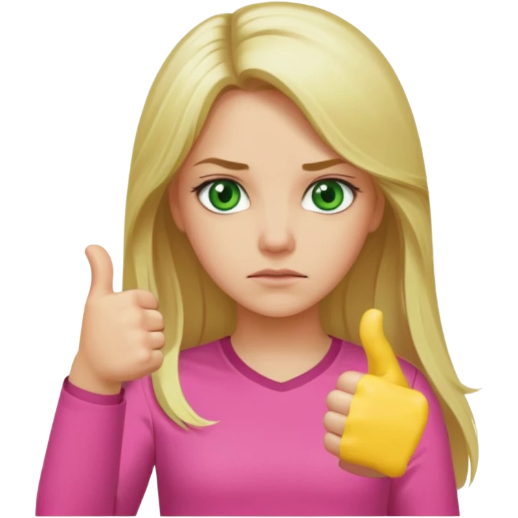 Blonde girl. Green eyes. Long hair. Pink shirt. Thumbs down  emoji