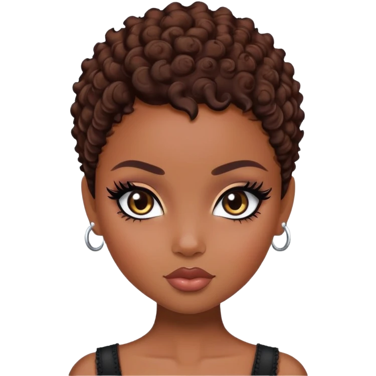 pretty bratz baddie, black eyeliner, dark skin, brown curly pixie cut hair, black  eyes emoji