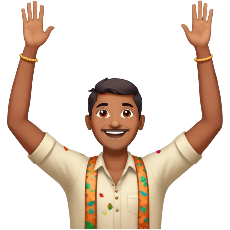 happy tall Indian person with arms raised in victory, big smile, confetti emoji