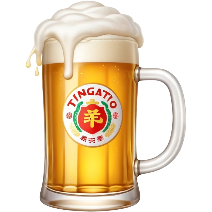 Tsingtao beer in glass mug, golden beer with white foam, iconic Chinese beer, emoji style emoji
