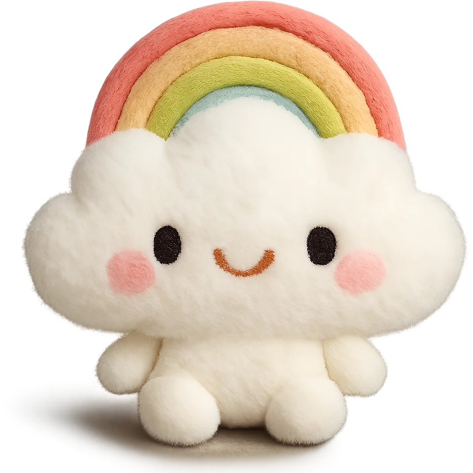 A plush rainbow cloud with soft, fluffy texture, delicate embroidered details, and a sweet, cheerful expression emoji
