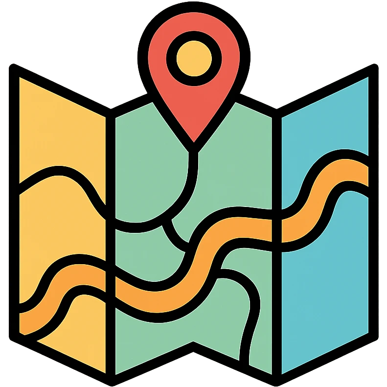 Folded map with gentle pathways representing emotional and relationship histories, self-reflection tool emoji