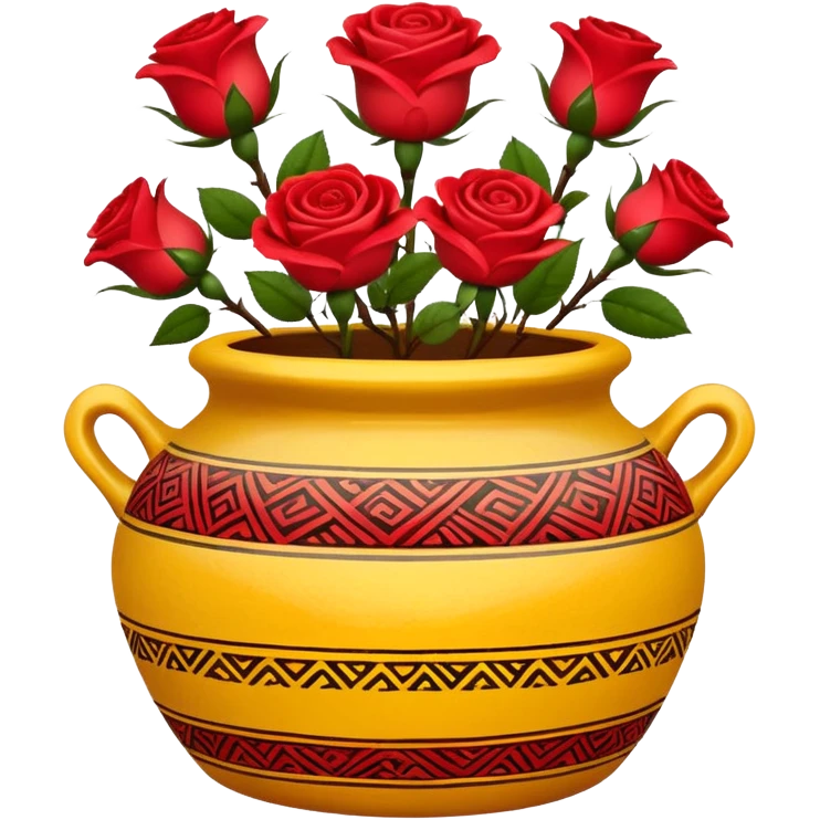 Yellow ceramic pot with red roses; the pot is decorated in an ethnic style. emoji