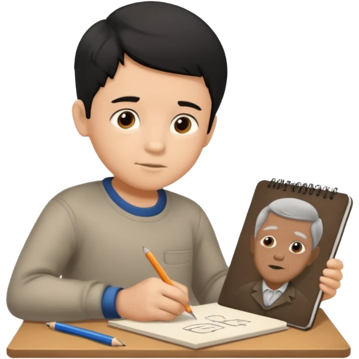 boy ,drawing pic of grandpa on the notebook, charcoal emoji